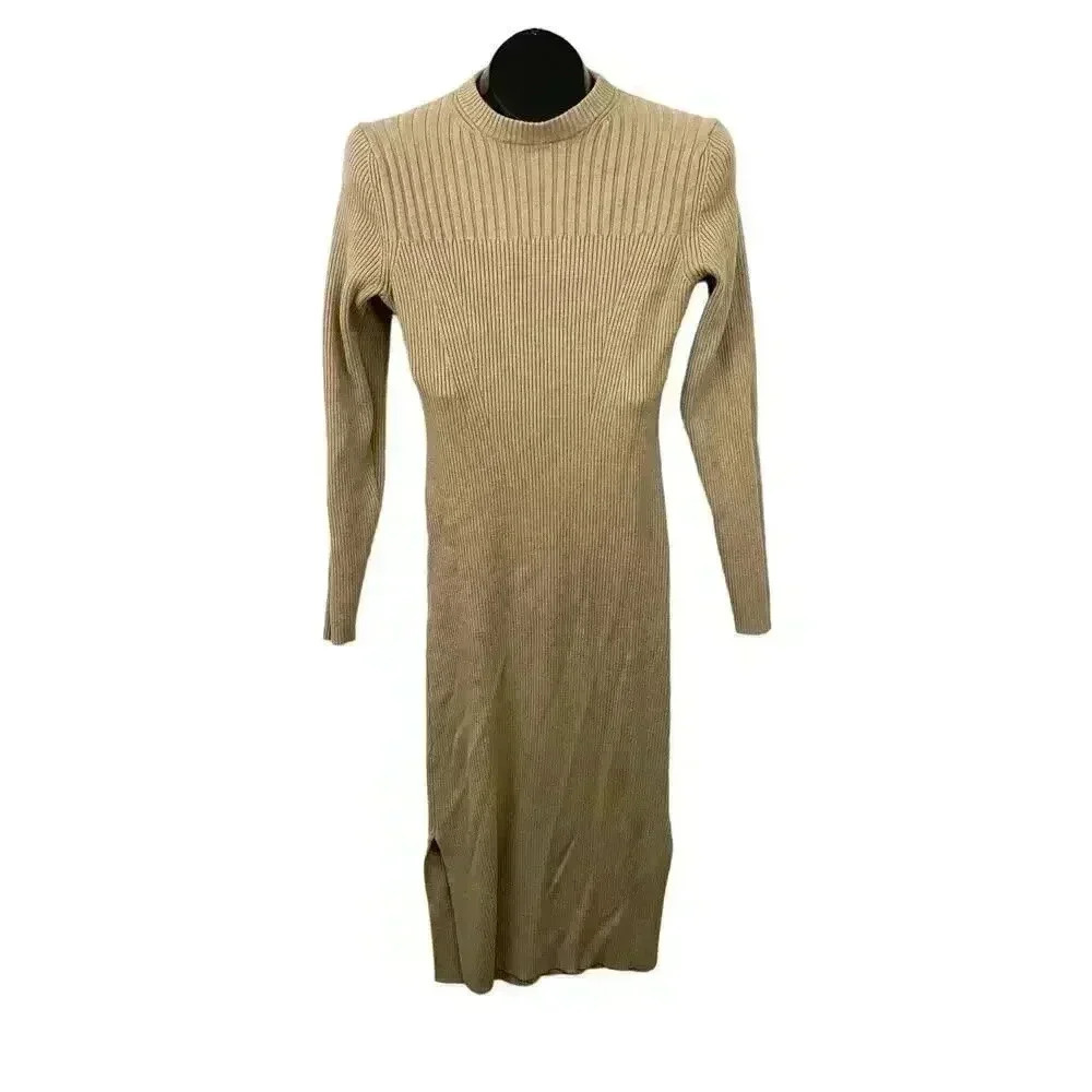 Light Brown Long Sleeve Ribbed Sweater Dress MEDIUM Pullover‎ Prologue